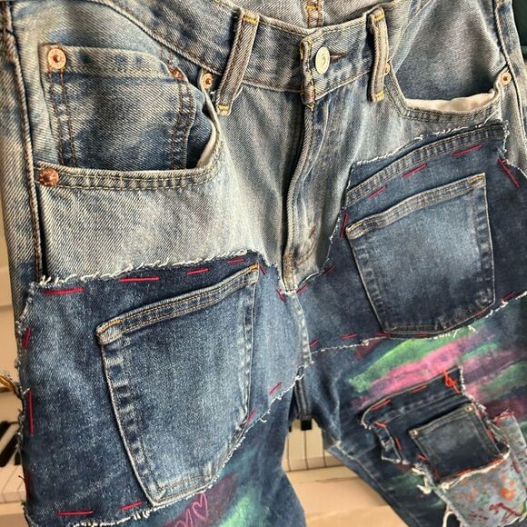 Upcycled Frayed Patchwork Jeans 33" Waist Handmade Streetwear Pants Painted - Picture 10 of 16